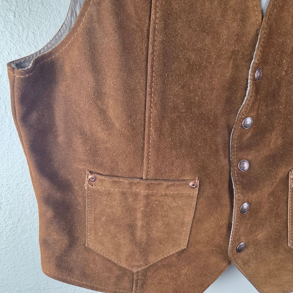 Rancher By Schott Vintage Brown Leather Suede Western Snap Men Vest Size Large - Picture 8 of 16
